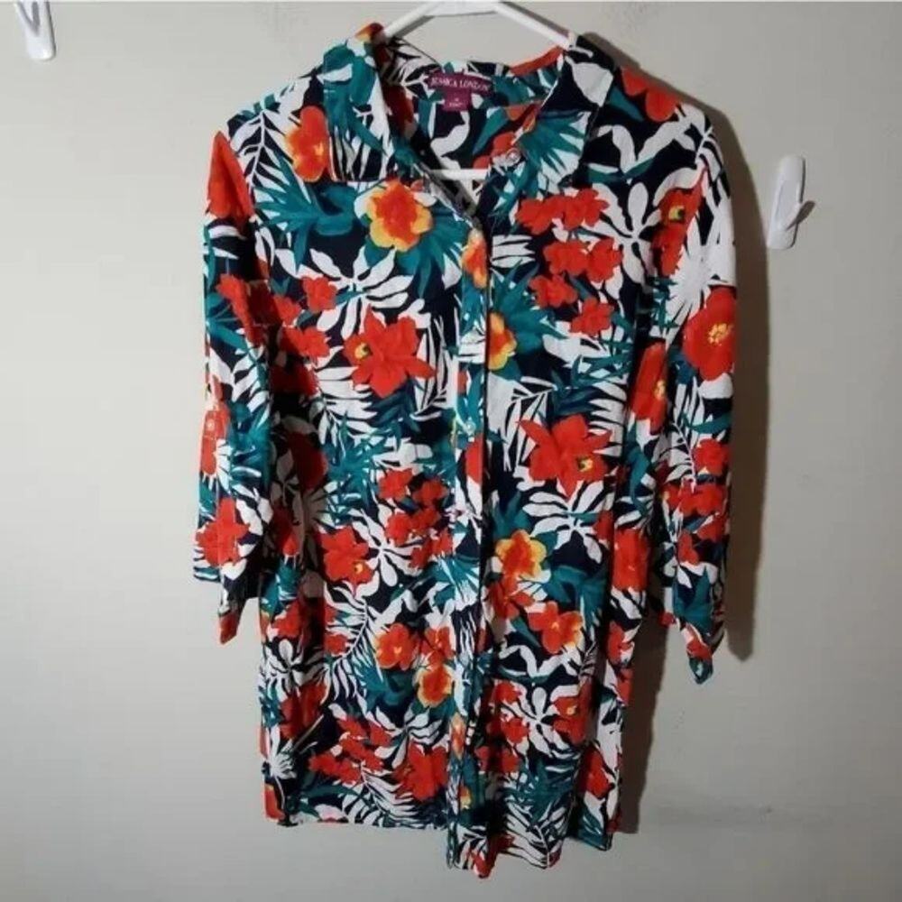 JESSICA LONDON tropical floral linen blend‎ button down shirt plus size 18